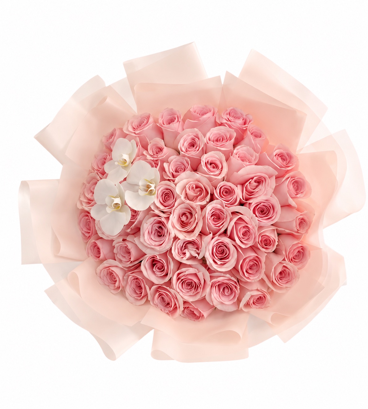 A Divine Bloom bouquet of blush roses and white orchids